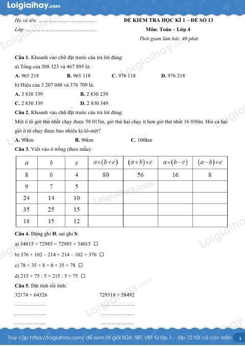 Đề số 13 - Đề kiểm tra học kì 1 - Toán lớp 4